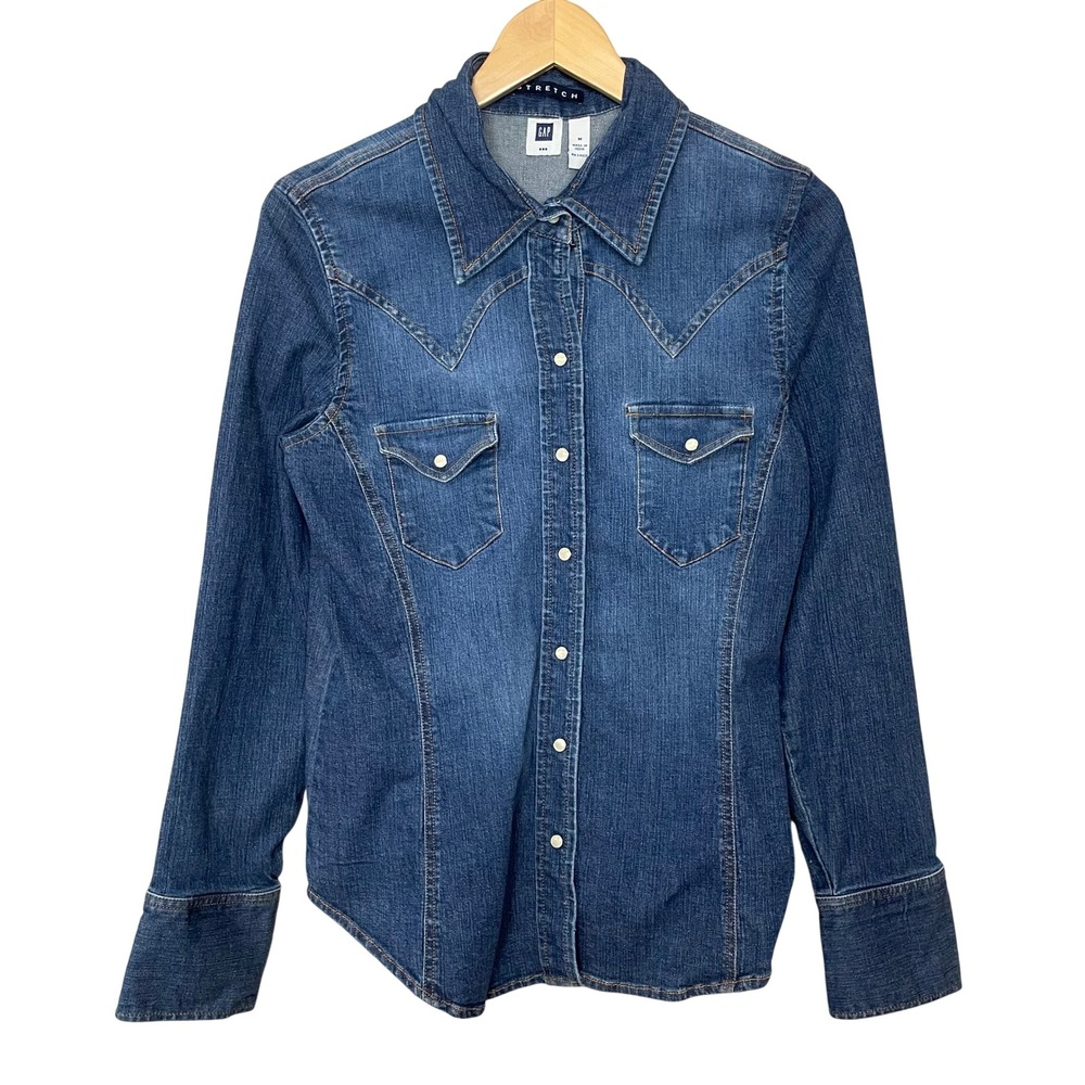 Vintage Gap Western Shirt Denim Look Stretch Women Size Medium Blue Pearl Snaps